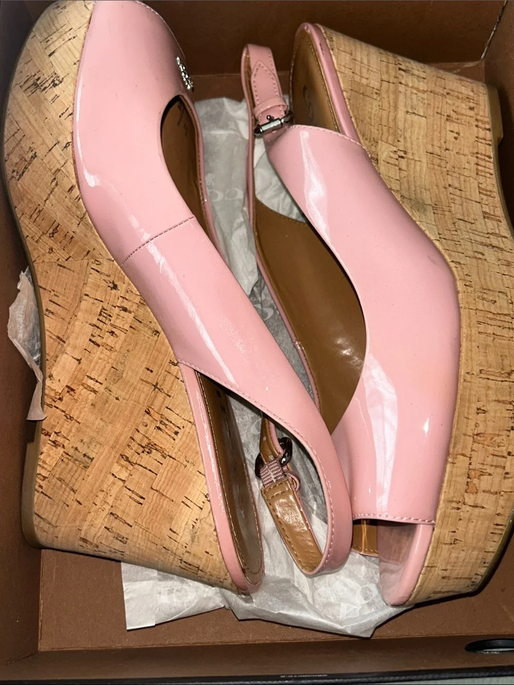 Coach Blush Pink Patent Cork Wedge Slingback Sandals